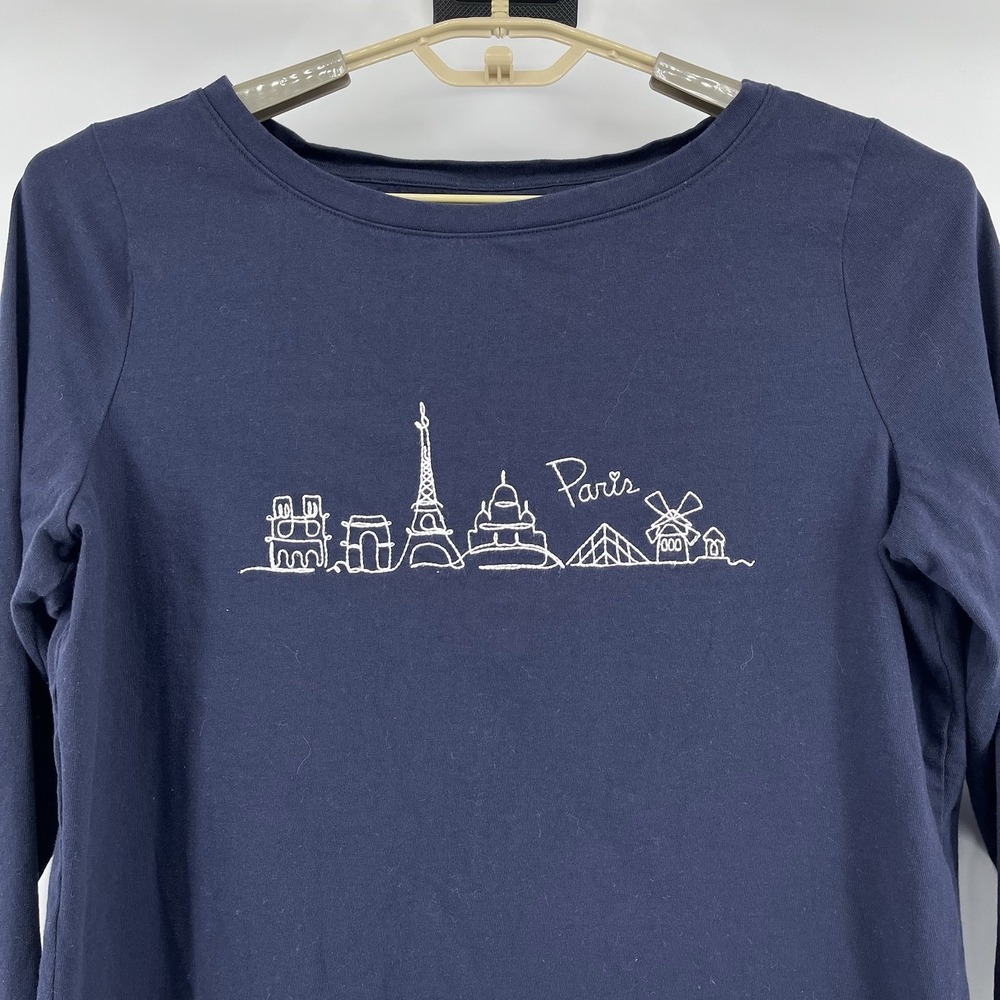 Talbots Plus Women's 1X Long Sleeve T-shirt Navy Blue Paris Embroidered